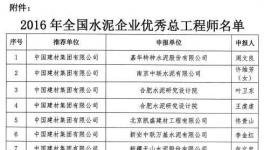 授予周文良等23人“2016年全國水泥企業(yè)優(yōu)秀總工程師”稱號(hào)