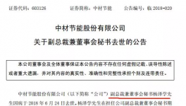 中材節(jié)能副總裁兼董秘楊澤學(xué)因病去世