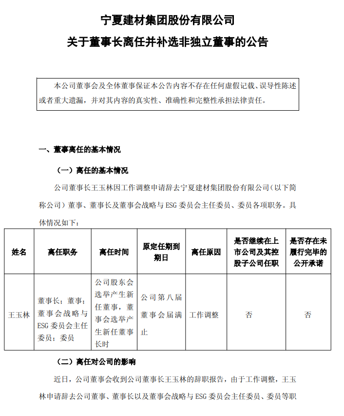 寧夏建材多位高管變動！董事長王玉林因工作調(diào)整離任！